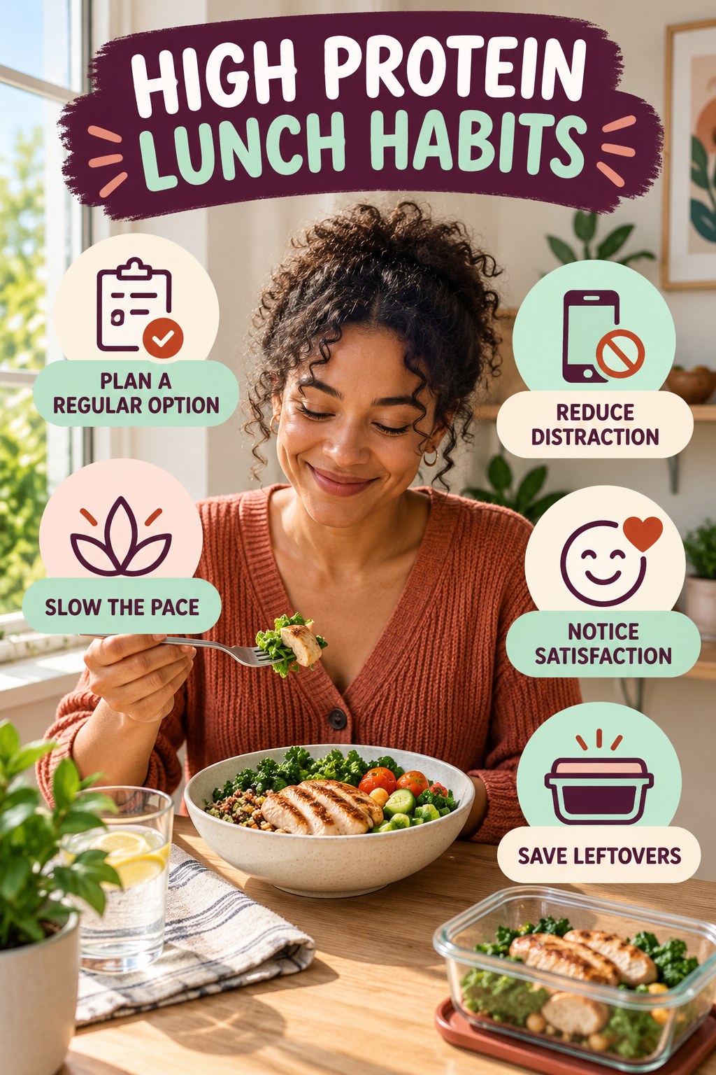 Mindful Meal Habits for High Protein Lunch with five readable habit cues and a realistic board-relevant wellness scene.