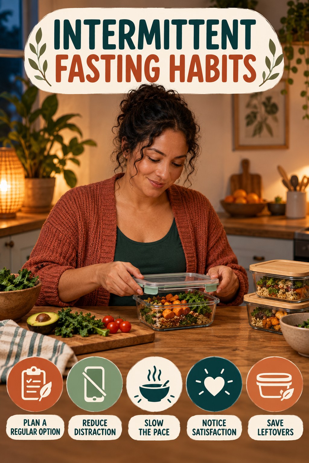 Mindful Meal Habits for Intermittent Fasting with five readable habit cues and a realistic board-relevant wellness scene.