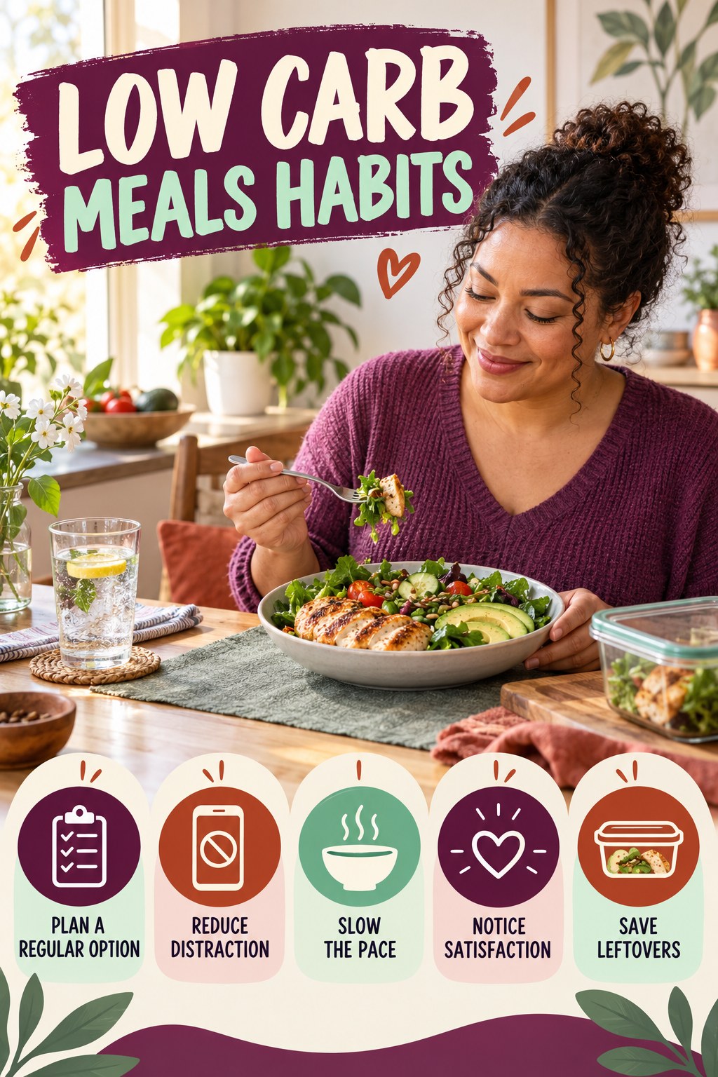 Mindful Meal Habits for Low Carb Meals with five readable habit cues and a realistic board-relevant wellness scene.