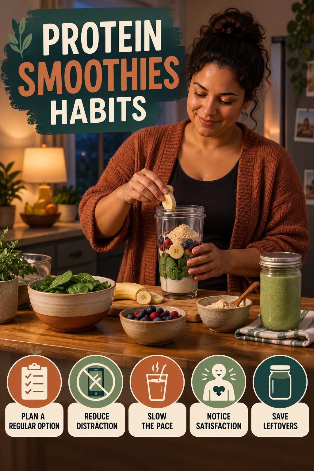 Mindful Meal Habits for Protein Smoothies with five readable habit cues and a realistic board-relevant wellness scene.