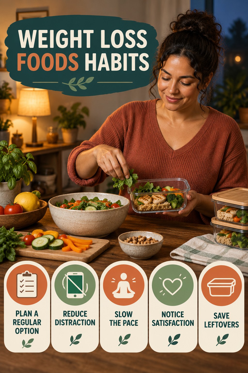 Mindful Meal Habits for Weight Loss Foods with five readable habit cues and a realistic board-relevant wellness scene.