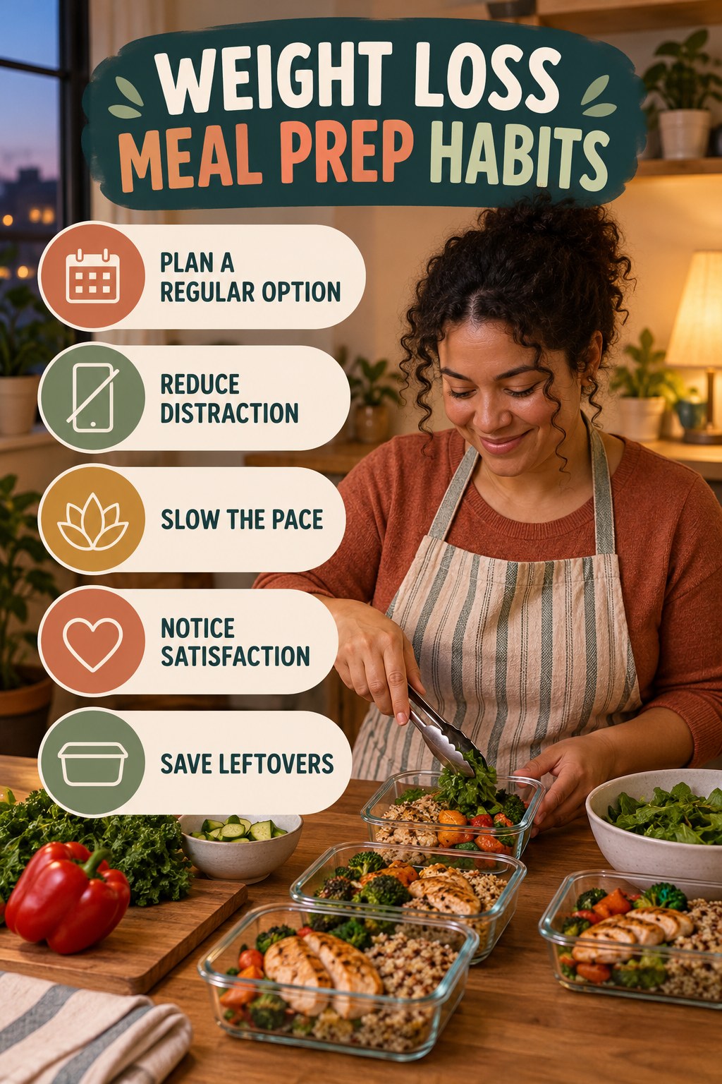 Mindful Meal Habits for Weight Loss Meal Prep with five readable habit cues and a realistic board-relevant wellness scene.