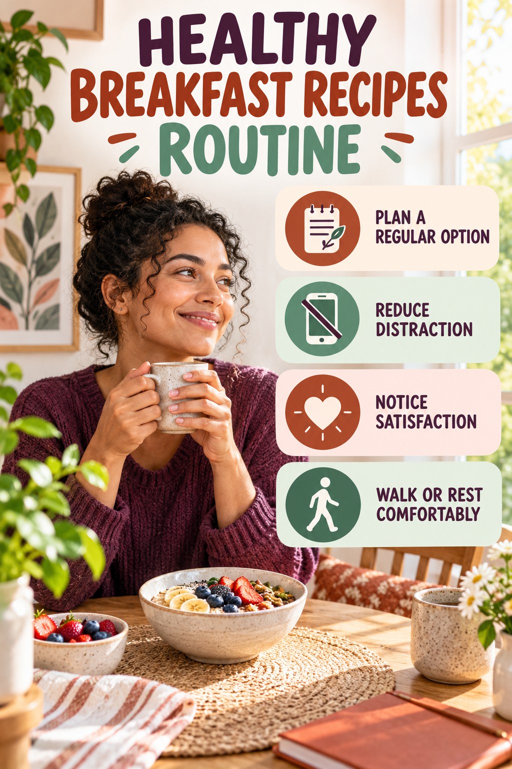 Mindful Meal Wellness Routine for Healthy Breakfast Recipes with four readable routine cues and a realistic board-relevant wellness scene.