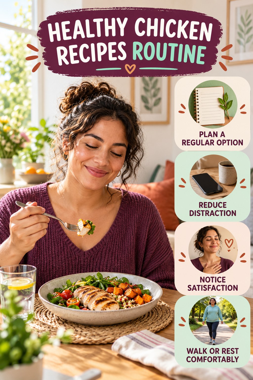 Mindful Meal Wellness Routine for Healthy Chicken Recipes with four readable routine cues and a realistic board-relevant wellness scene.
