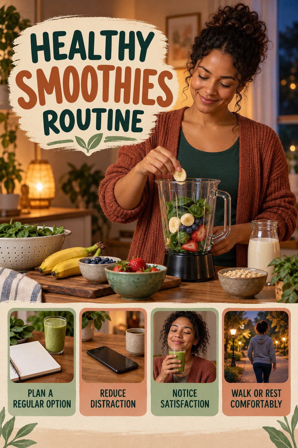 Mindful Meal Wellness Routine for Healthy Smoothies with four readable routine cues and a realistic board-relevant wellness scene.