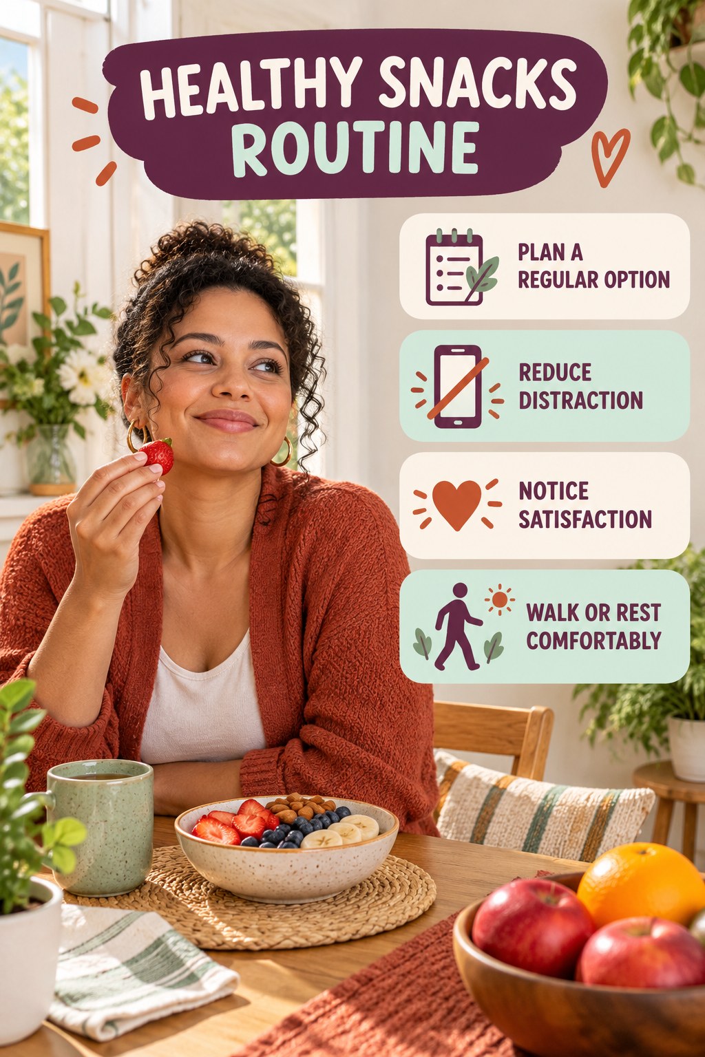 Mindful Meal Wellness Routine for Healthy Snacks with four readable routine cues and a realistic board-relevant wellness scene.