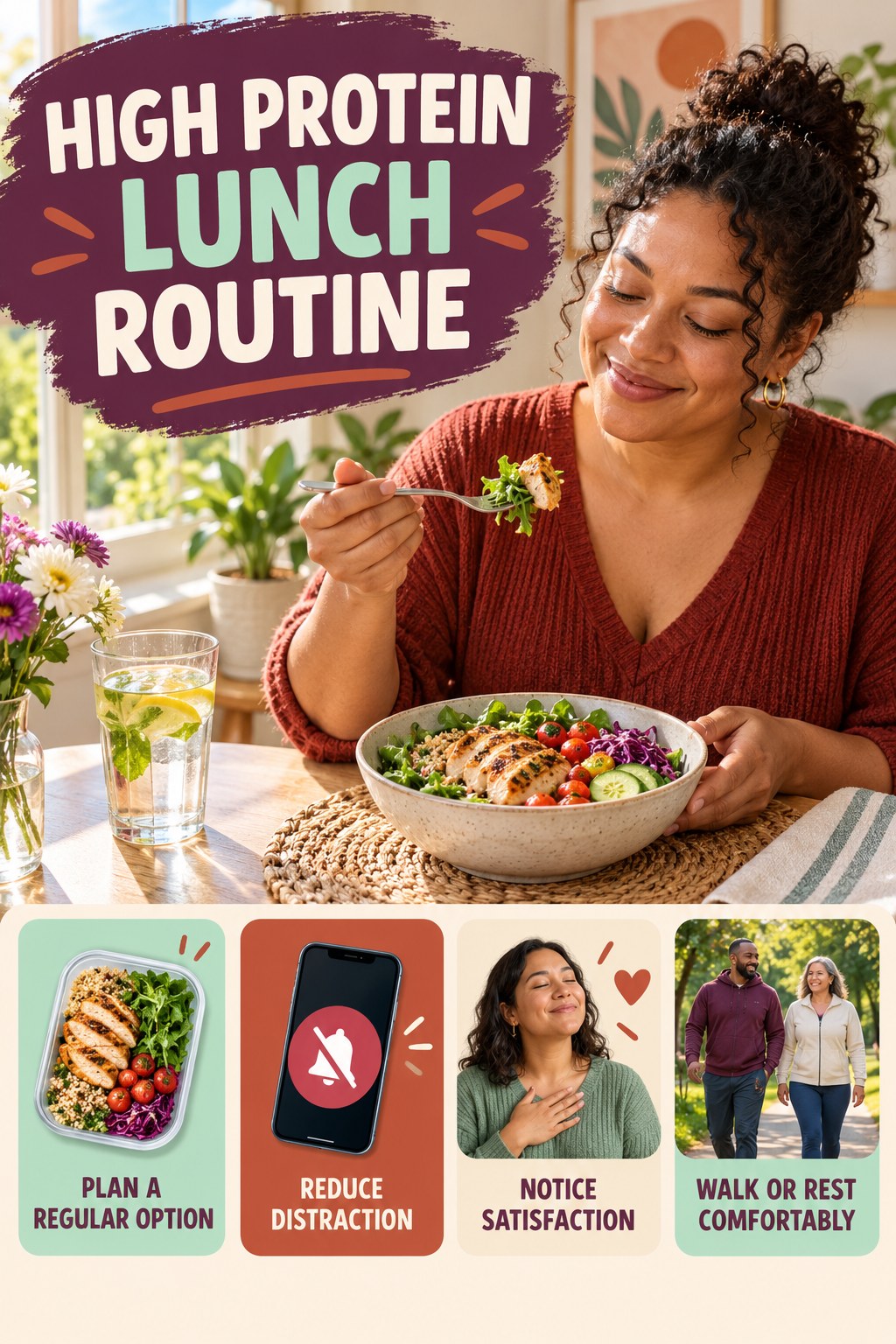 Mindful Meal Wellness Routine for High Protein Lunch with four readable routine cues and a realistic board-relevant wellness scene.