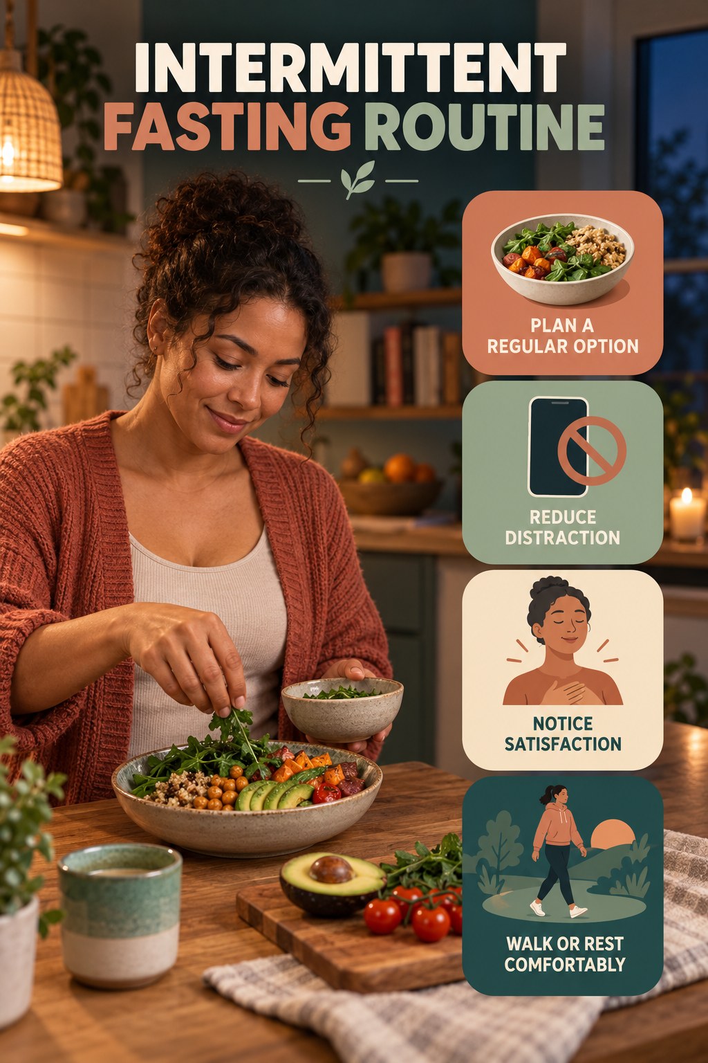 Mindful Meal Wellness Routine for Intermittent Fasting with four readable routine cues and a realistic board-relevant wellness scene.