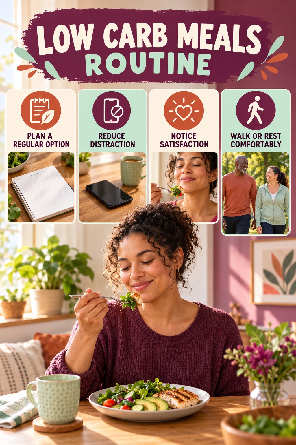 Mindful Meal Wellness Routine for Low Carb Meals with four readable routine cues and a realistic board-relevant wellness scene.