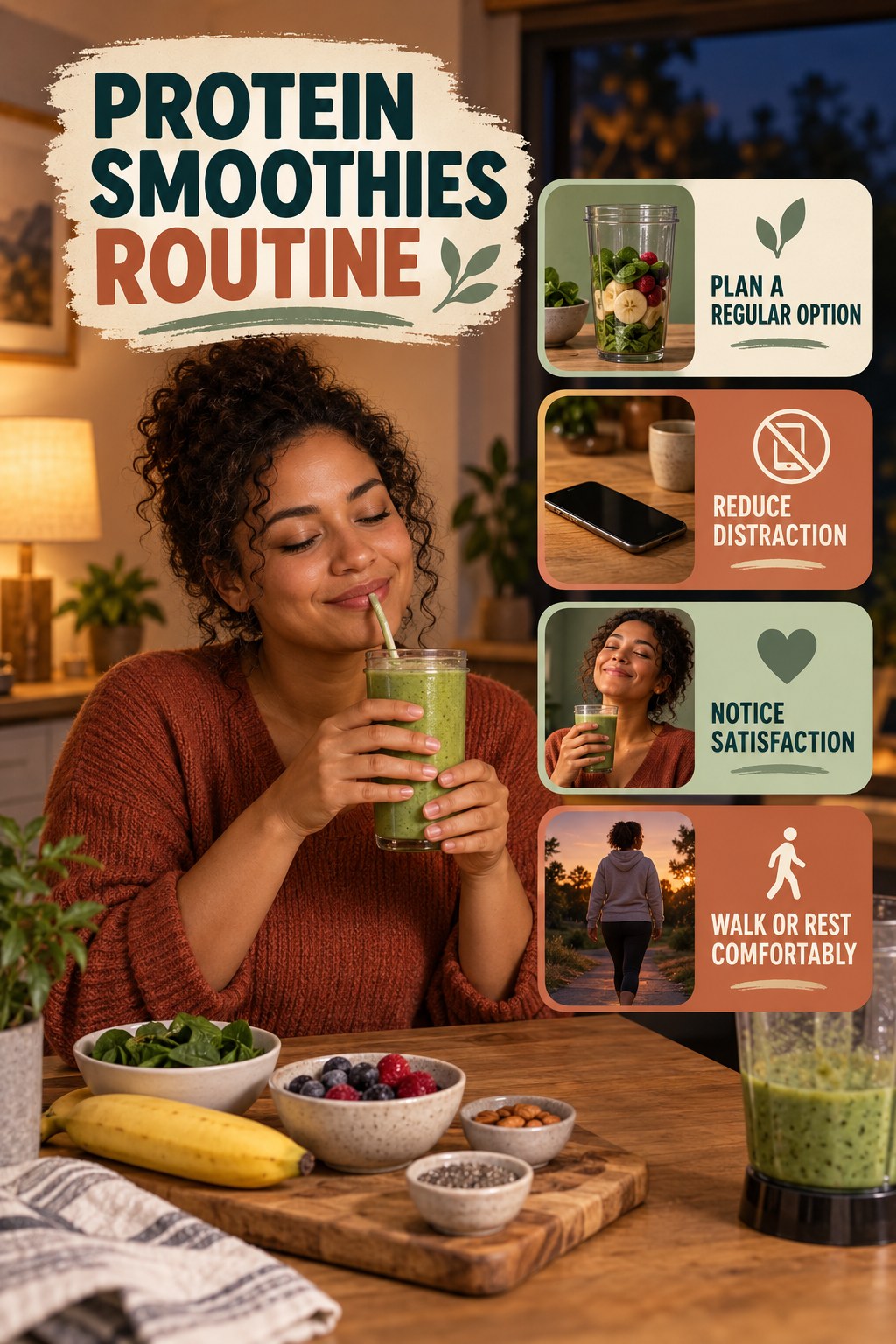 Mindful Meal Wellness Routine for Protein Smoothies with four readable routine cues and a realistic board-relevant wellness scene.