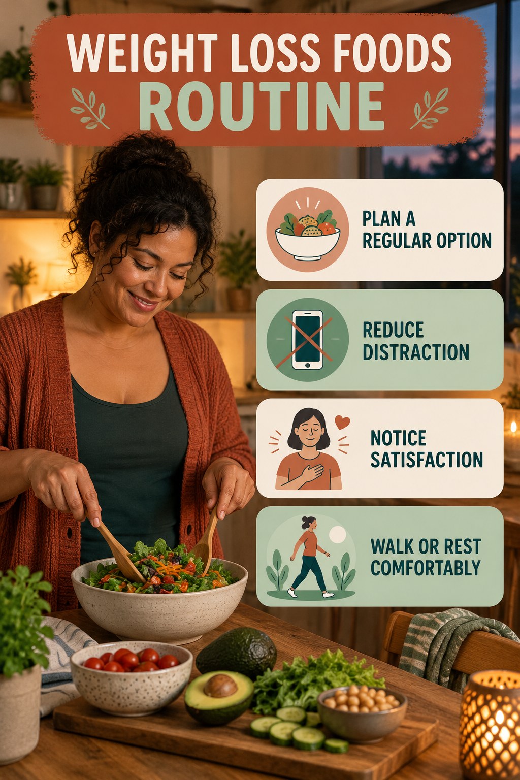 Mindful Meal Wellness Routine for Weight Loss Foods with four readable routine cues and a realistic board-relevant wellness scene.