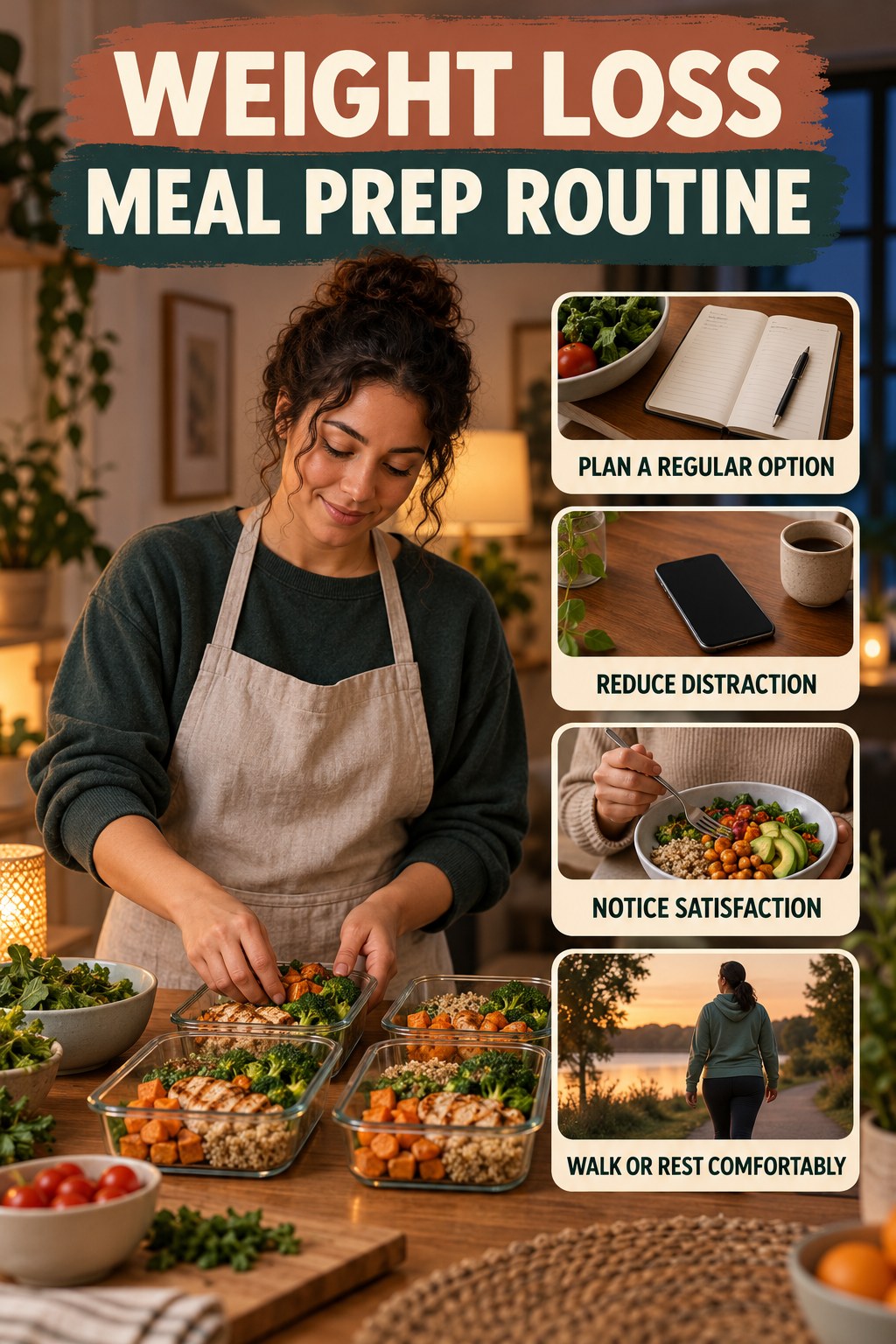 Mindful Meal Wellness Routine for Weight Loss Meal Prep with four readable routine cues and a realistic board-relevant wellness scene.