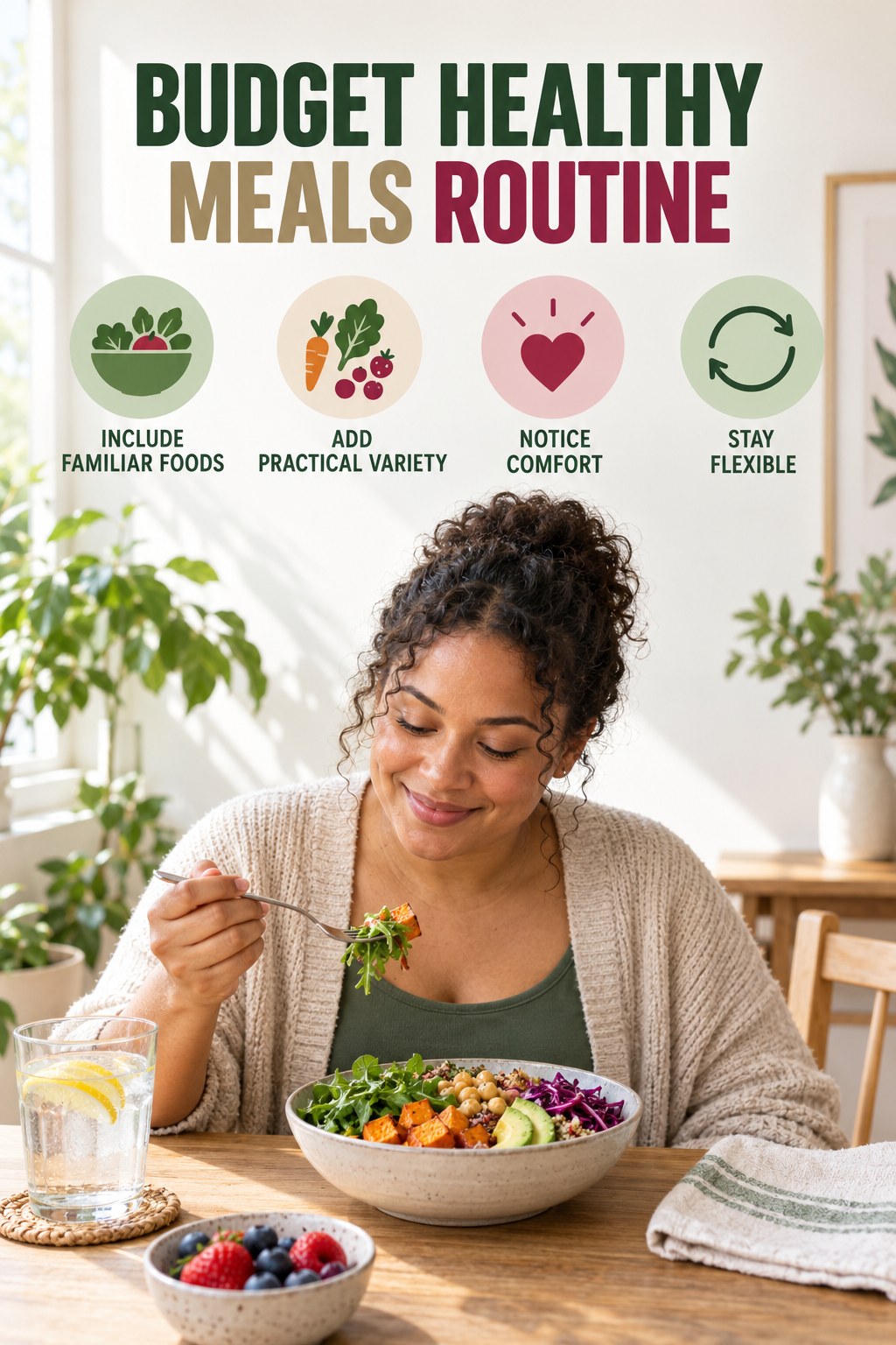 Minimal Balanced Eating for Budget Healthy Meals with four concise practical actions in a clean minimal health design.