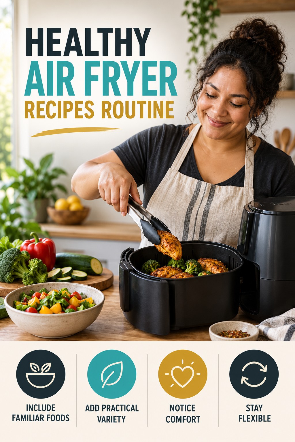 Minimal Balanced Eating for Healthy Air Fryer Recipes with four concise practical actions in a clean minimal health design.