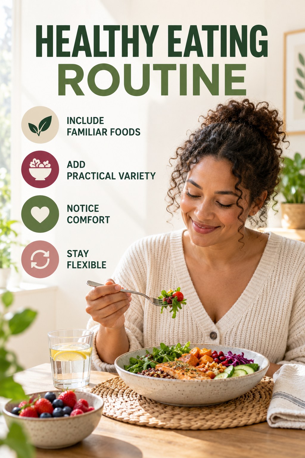 Minimal Balanced Eating for Healthy Eating with four concise practical actions in a clean minimal health design.