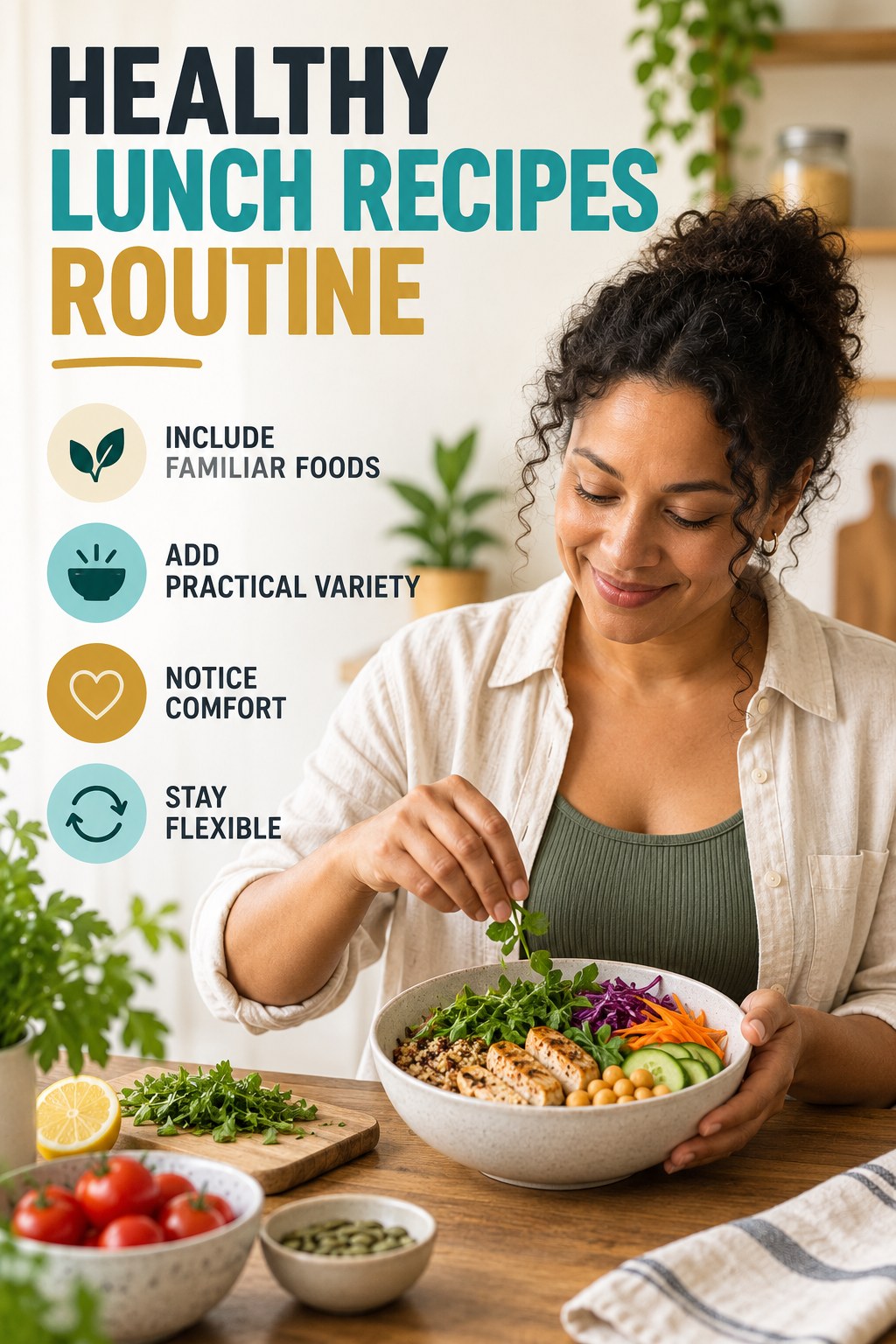 Minimal Balanced Eating for Healthy Lunch Recipes with four concise practical actions in a clean minimal health design.