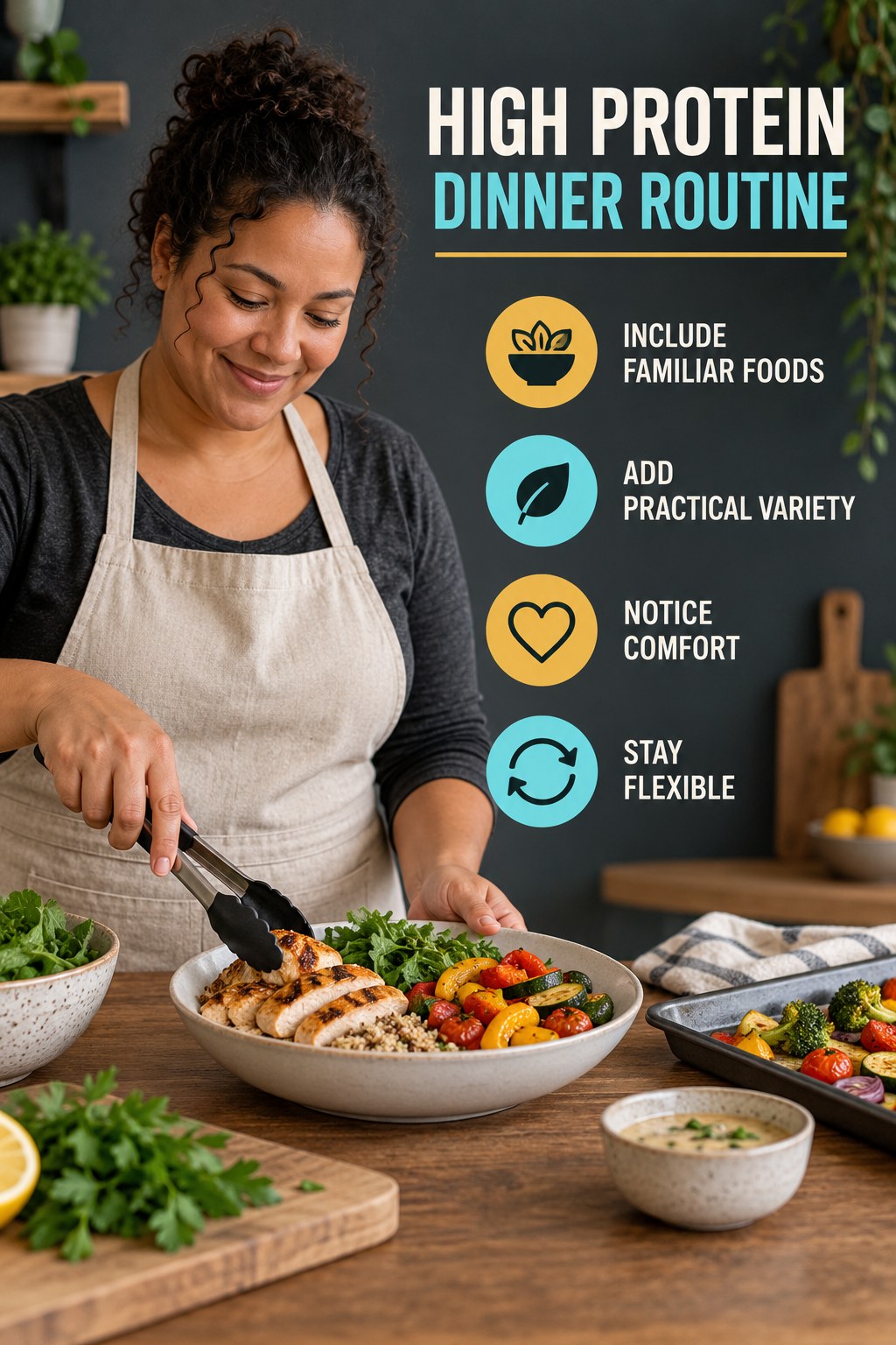Minimal Balanced Eating for High Protein Dinner with four concise practical actions in a clean minimal health design.