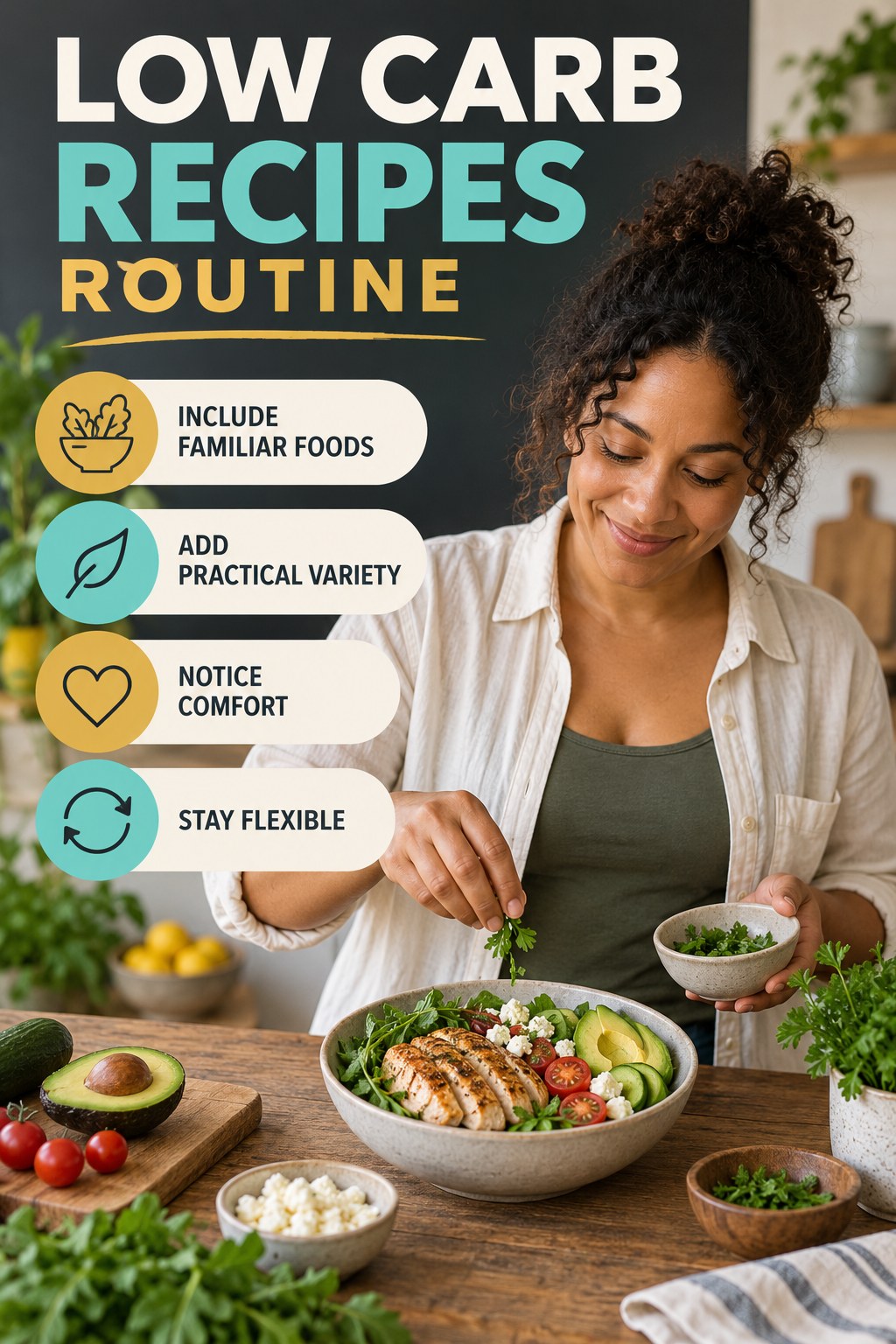 Minimal Balanced Eating for Low Carb Recipes with four concise practical actions in a clean minimal health design.