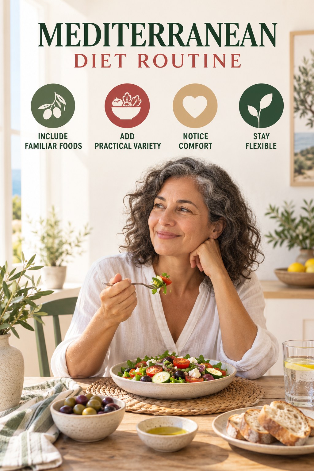 Minimal Balanced Eating for Mediterranean Diet with four concise practical actions in a clean minimal health design.
