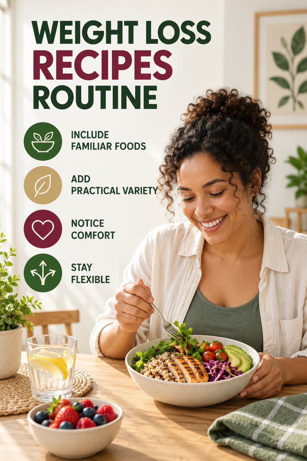 Minimal Balanced Eating for Weight Loss Recipes with four concise practical actions in a clean minimal health design.