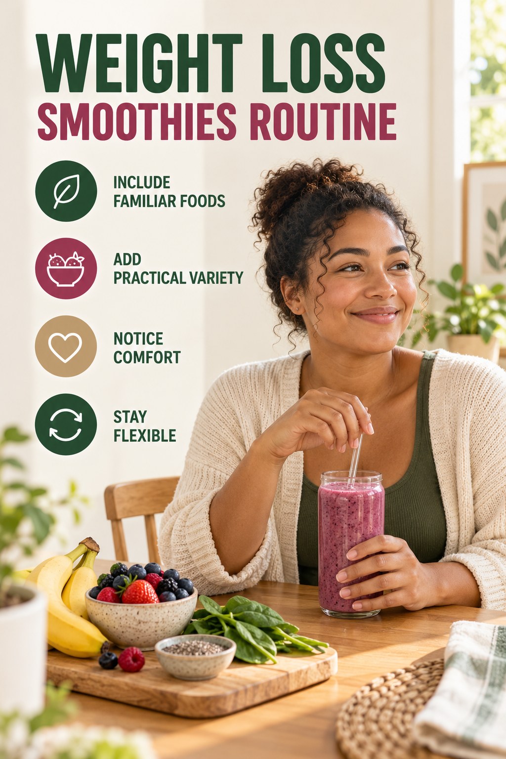 Minimal Balanced Eating for Weight Loss Smoothies with four concise practical actions in a clean minimal health design.