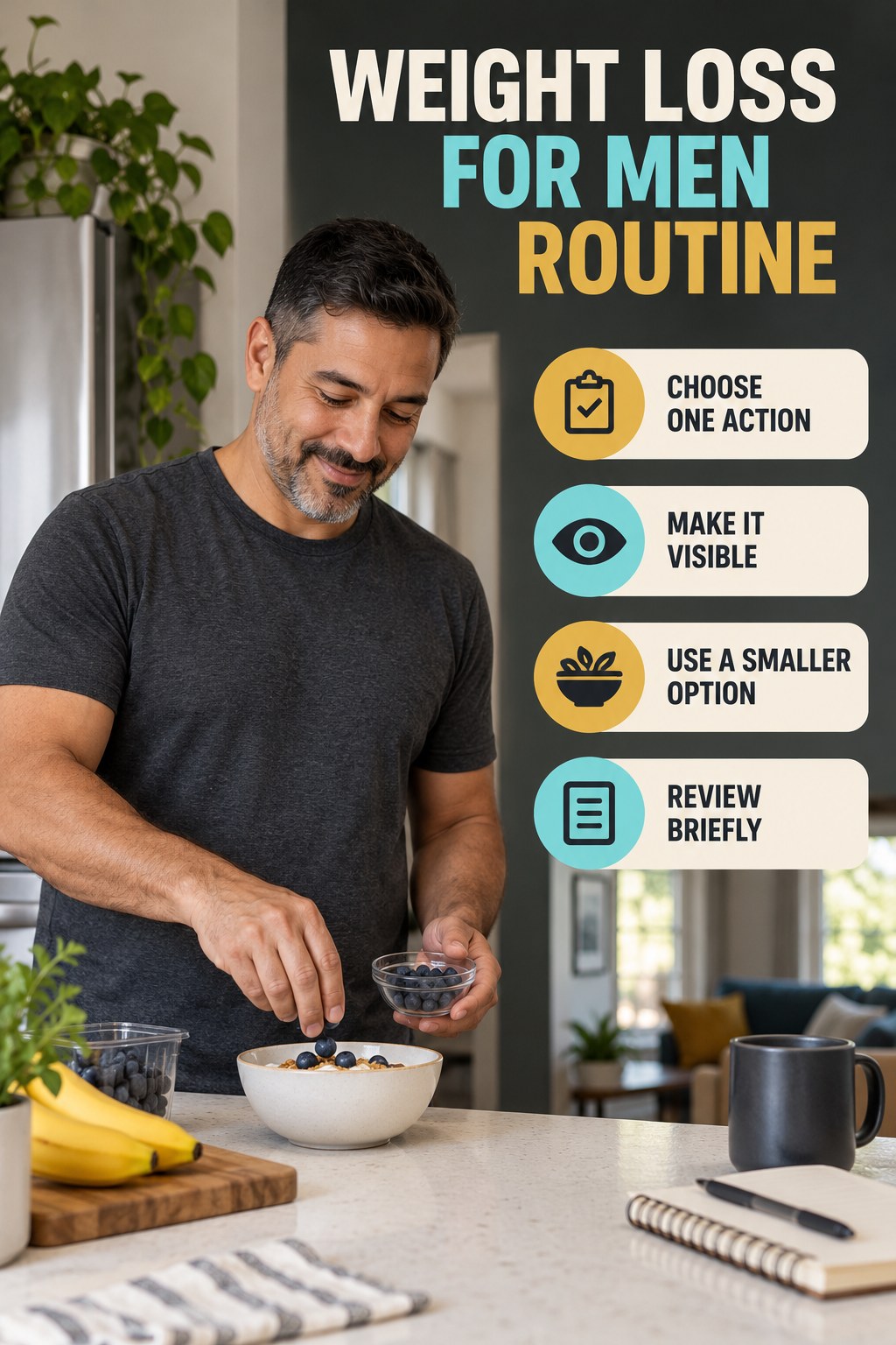 Minimal Daily Health for Weight Loss for Men with four concise practical actions in a clean minimal health design.