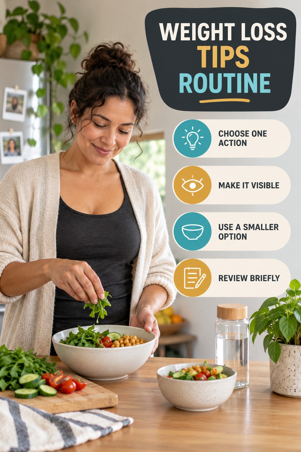 Minimal Daily Health for Weight Loss Tips with four concise practical actions in a clean minimal health design.