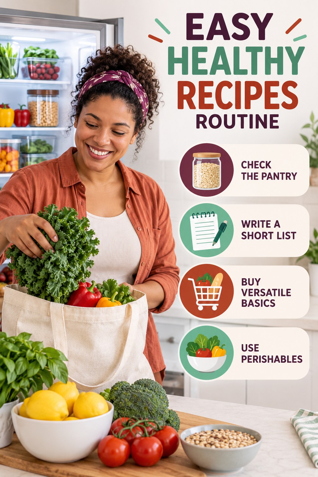Minimal Grocery Plan for Easy Healthy Recipes with four concise practical actions in a clean minimal health design.