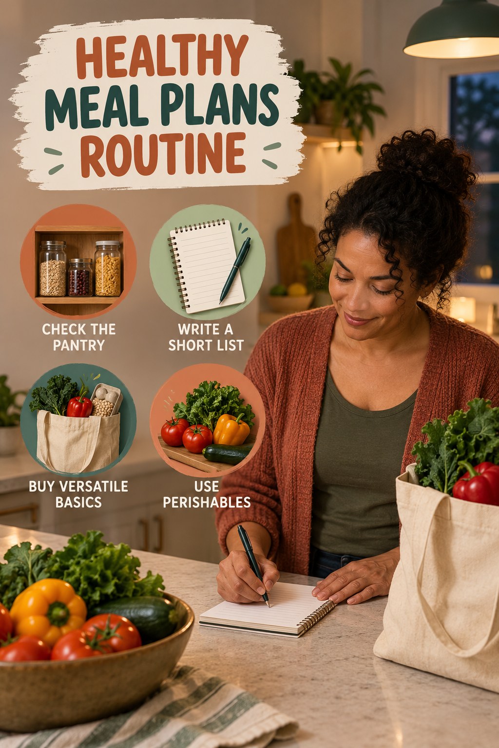 Minimal Grocery Plan for Healthy Meal Plans with four concise practical actions in a clean minimal health design.