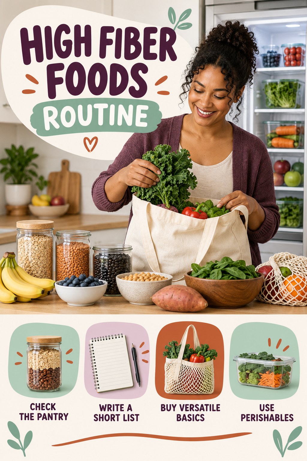 Minimal Grocery Plan for High Fiber Foods with four concise practical actions in a clean minimal health design.