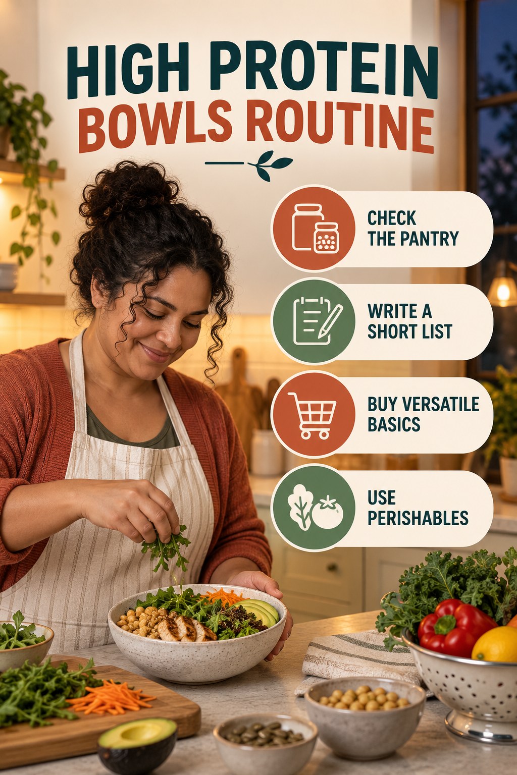 Minimal Grocery Plan for High Protein Bowls with four concise practical actions in a clean minimal health design.