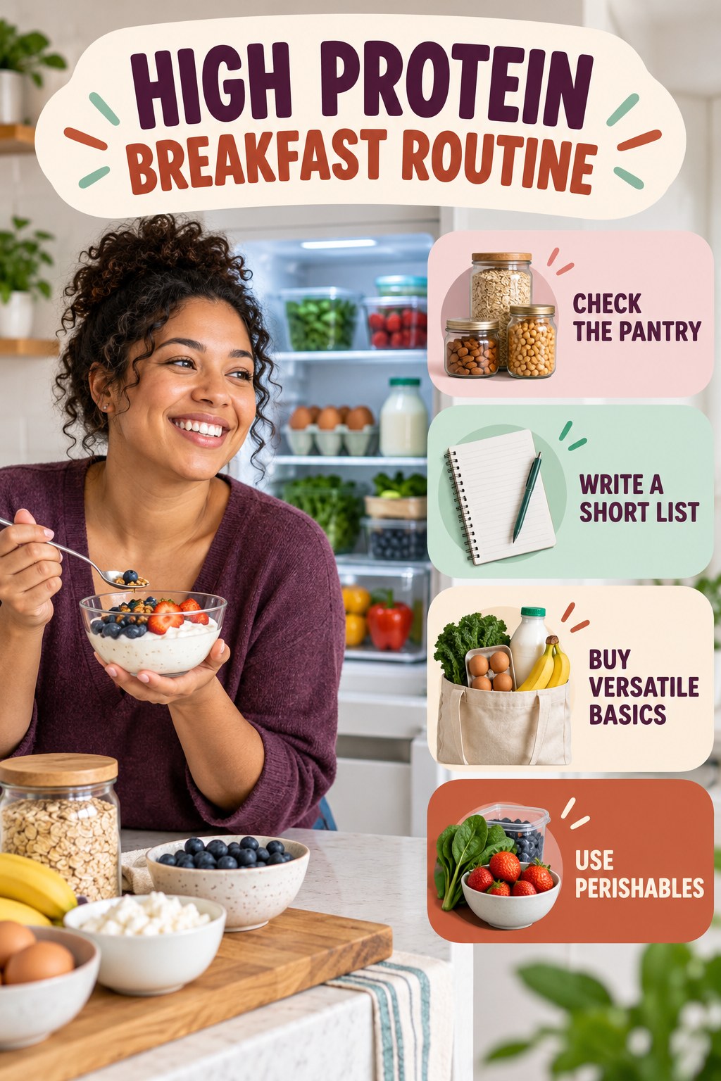 Minimal Grocery Plan for High Protein Breakfast with four concise practical actions in a clean minimal health design.