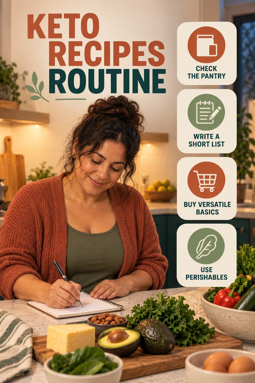 Minimal Grocery Plan for Keto Recipes with four concise practical actions in a clean minimal health design.
