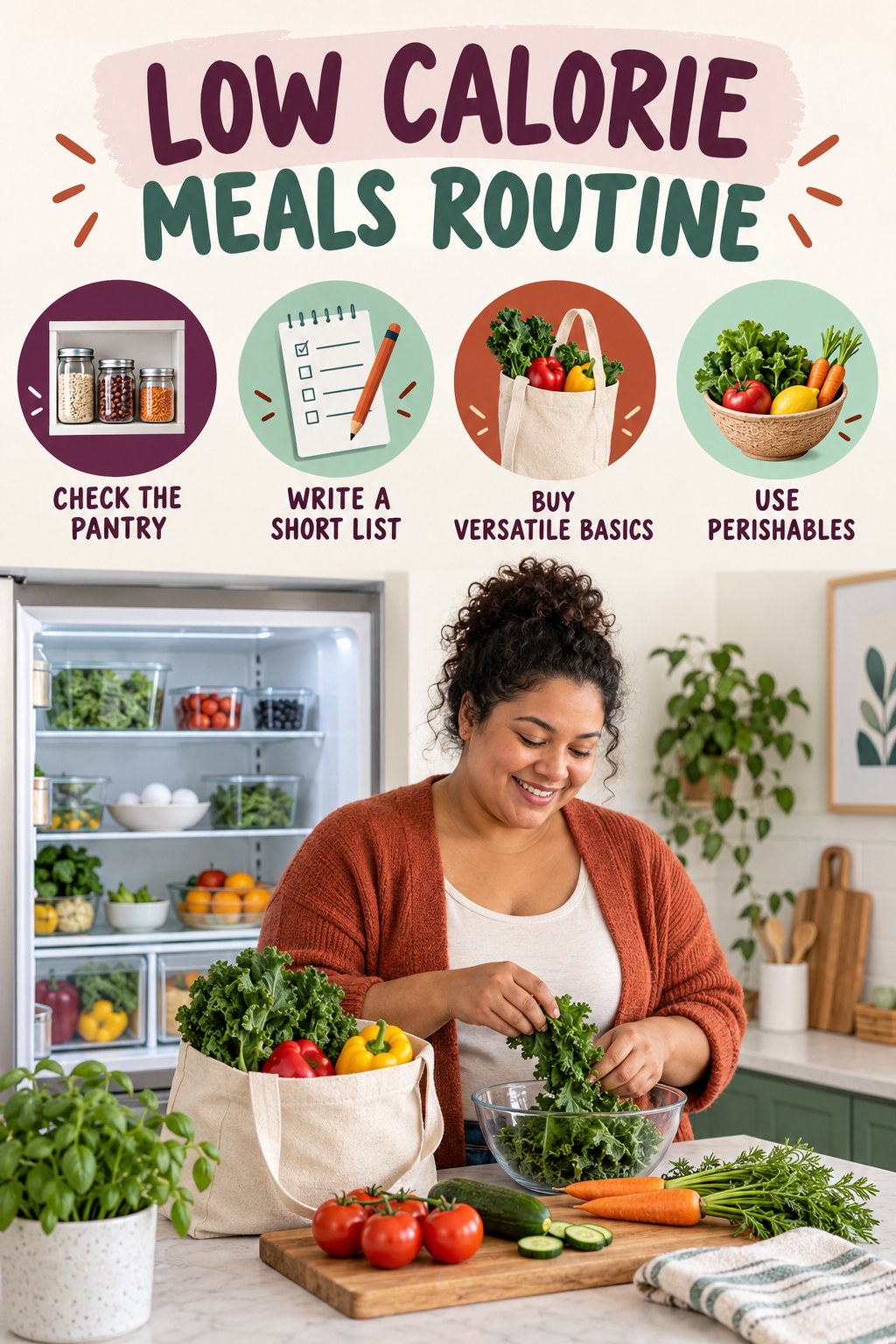 Minimal Grocery Plan for Low Calorie Meals with four concise practical actions in a clean minimal health design.