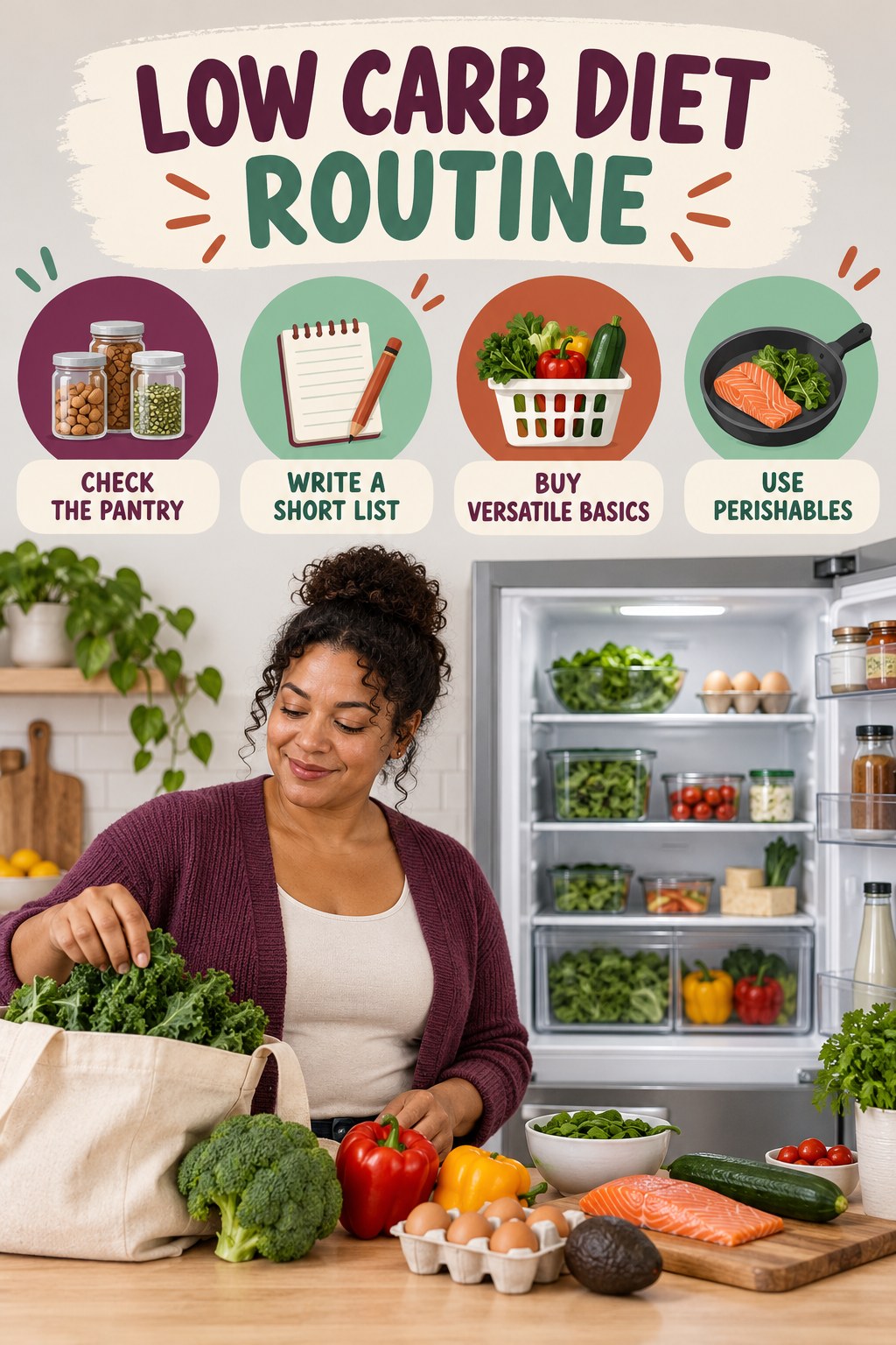 Minimal Grocery Plan for Low Carb Diet with four concise practical actions in a clean minimal health design.