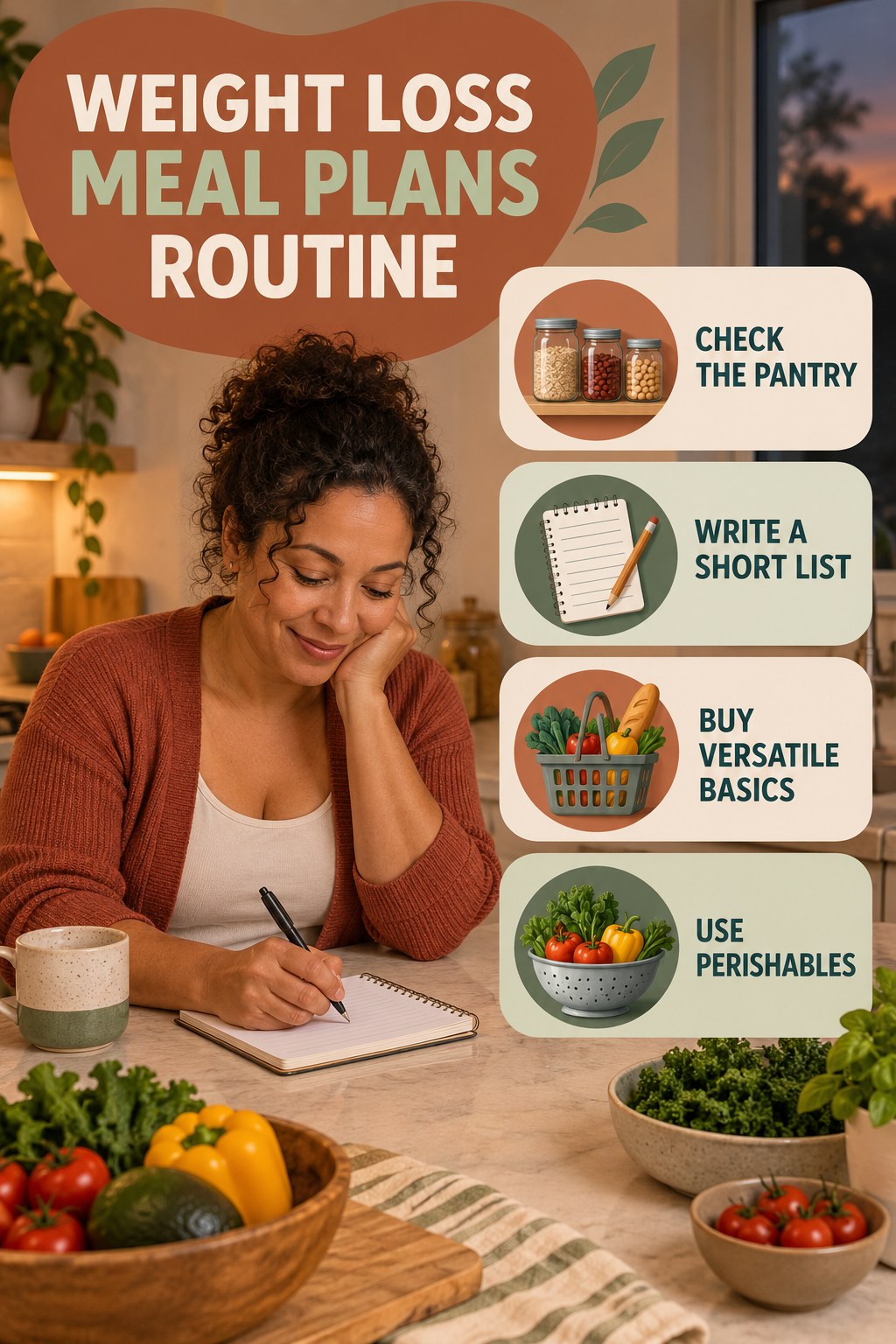 Minimal Grocery Plan for Weight Loss Meal Plans with four concise practical actions in a clean minimal health design.