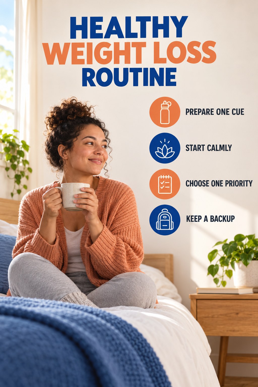 Minimal Healthy Morning for Healthy Weight Loss with four concise practical actions in a clean minimal health design.