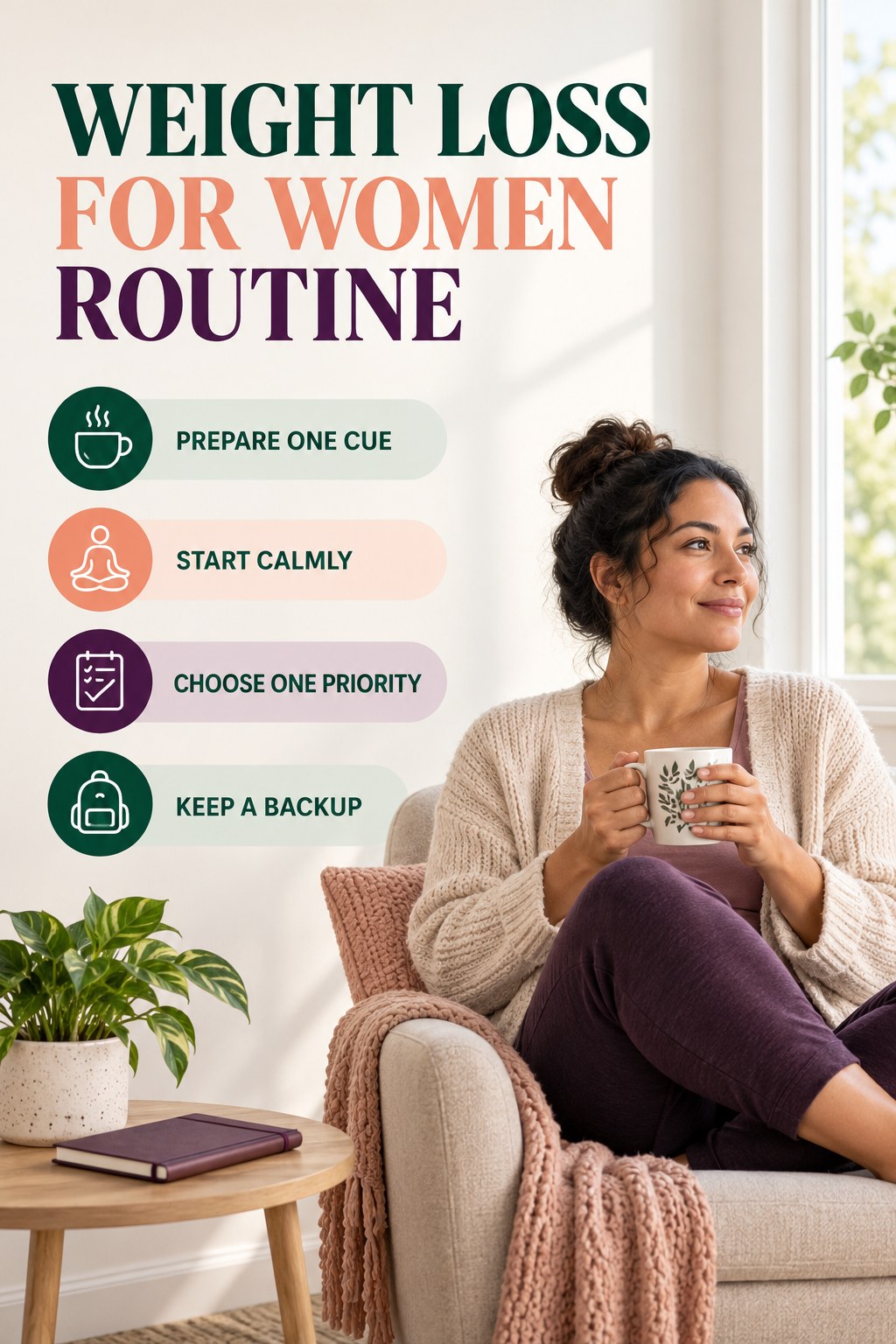 Minimal Healthy Morning for Weight Loss for Women with four concise practical actions in a clean minimal health design.