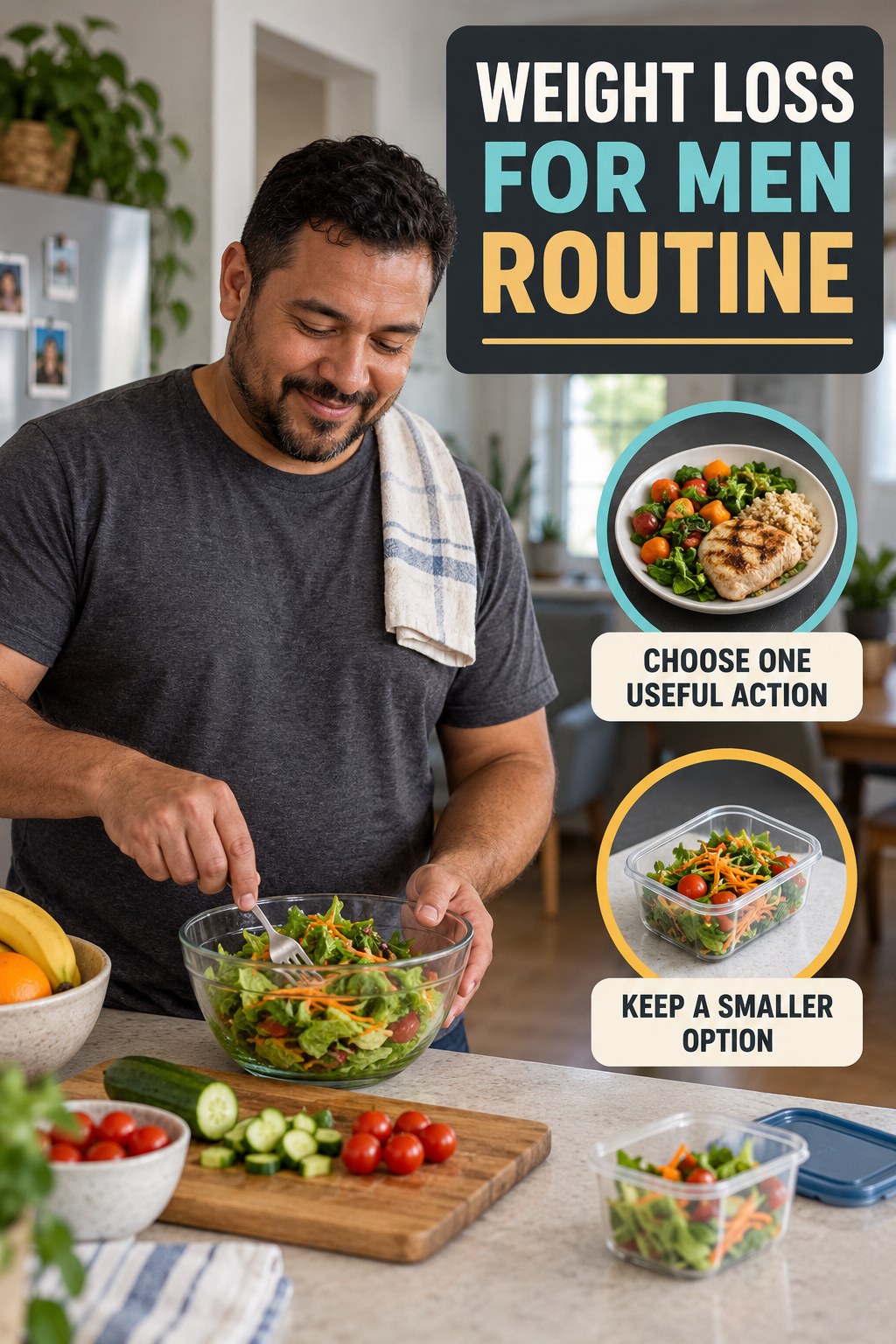 Minimal Healthy Routine for Weight Loss for Men in an ordinary neighborhood home, showing a practical, attainable routine with readable guidance.