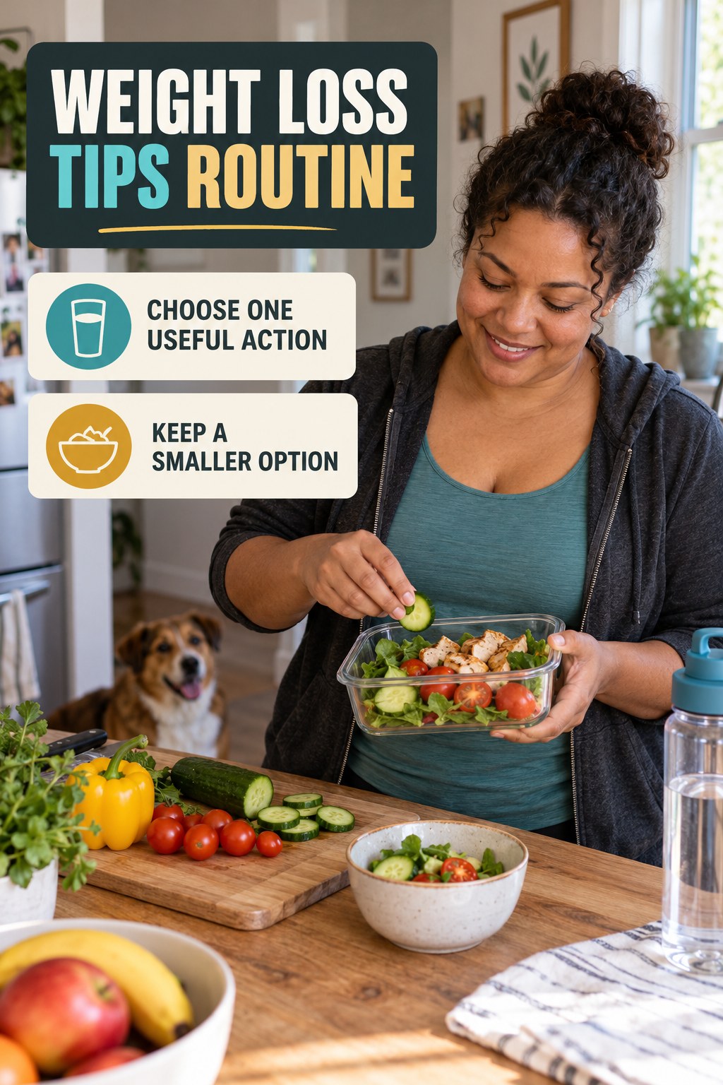 Minimal Healthy Routine for Weight Loss Tips in an ordinary neighborhood home, showing a practical, attainable routine with readable guidance.