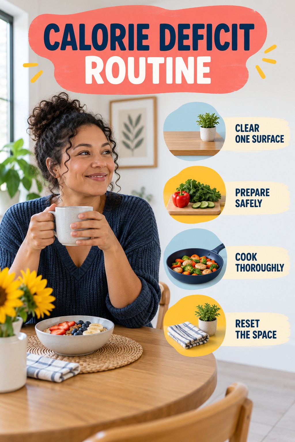 Minimal Kitchen Routine for Calorie Deficit with four concise practical actions in a clean minimal health design.