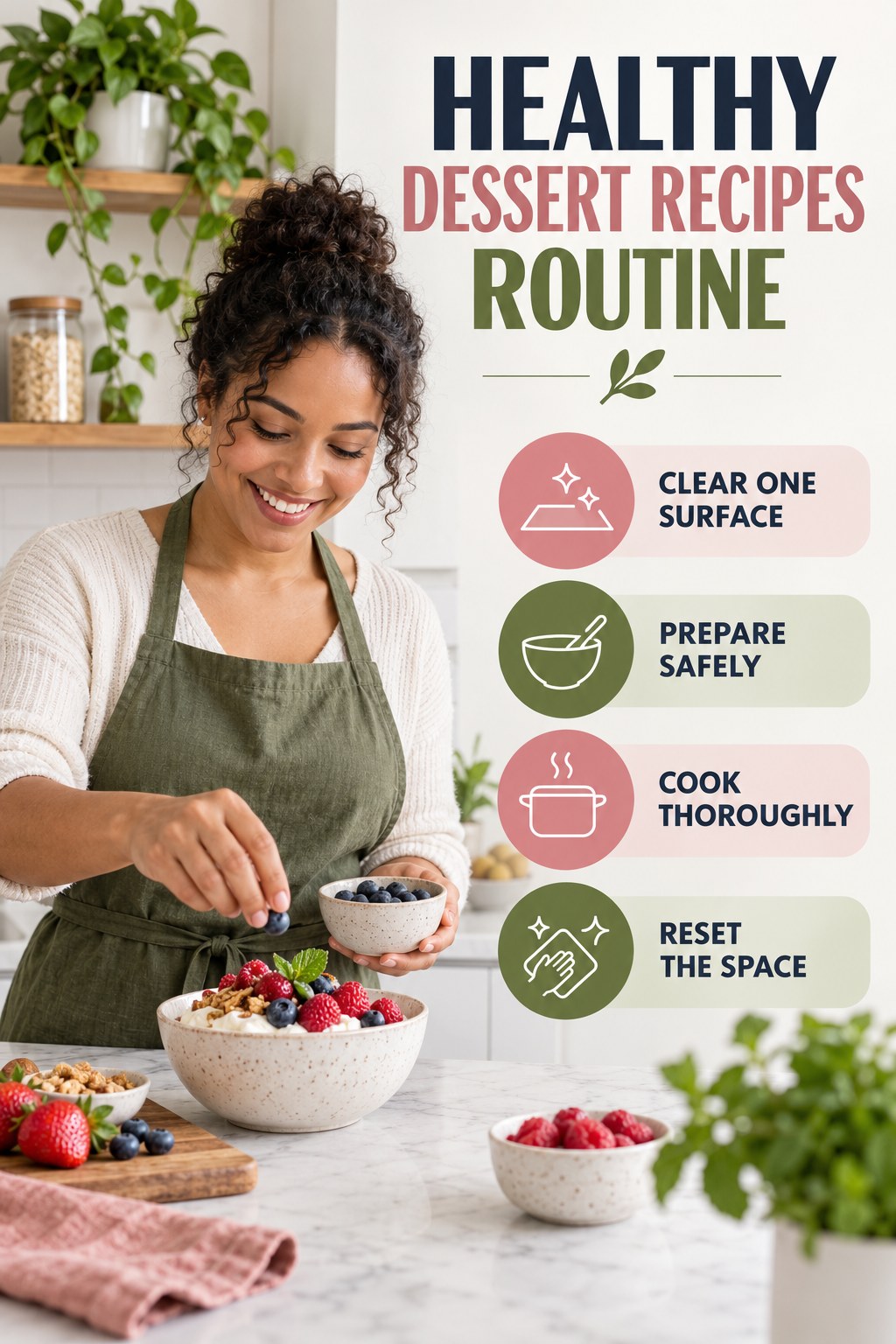 Minimal Kitchen Routine for Healthy Dessert Recipes with four concise practical actions in a clean minimal health design.