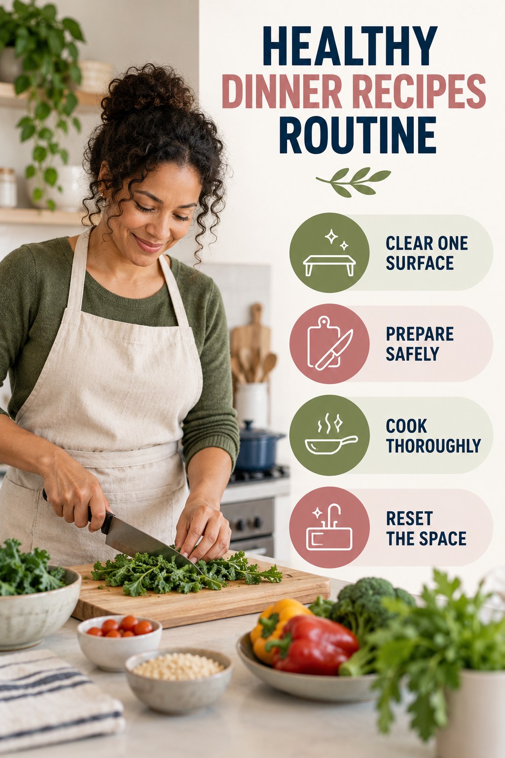 Minimal Kitchen Routine for Healthy Dinner Recipes with four concise practical actions in a clean minimal health design.