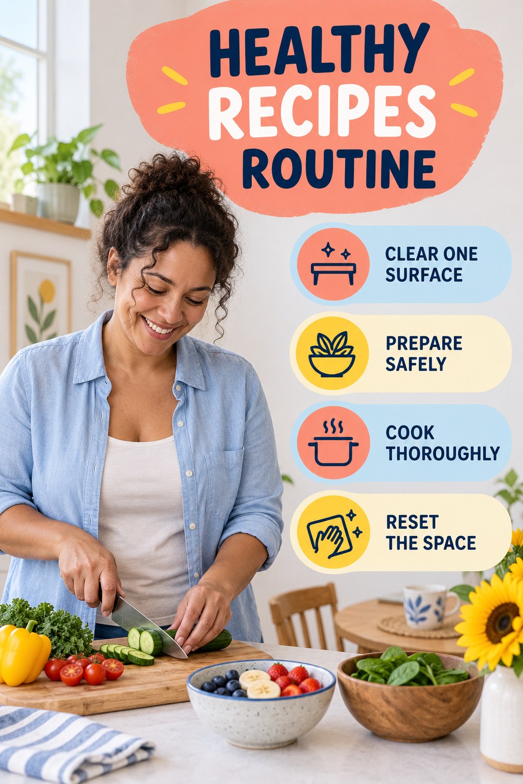 Minimal Kitchen Routine for Healthy Recipes with four concise practical actions in a clean minimal health design.