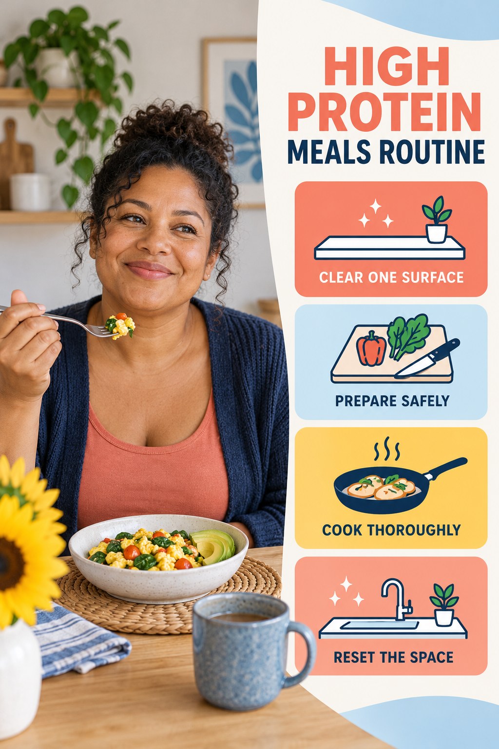 Minimal Kitchen Routine for High Protein Meals with four concise practical actions in a clean minimal health design.