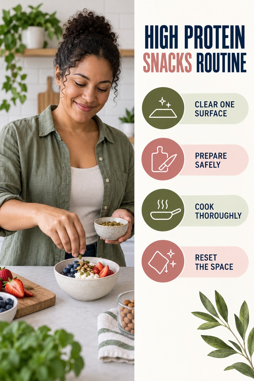Minimal Kitchen Routine for High Protein Snacks with four concise practical actions in a clean minimal health design.