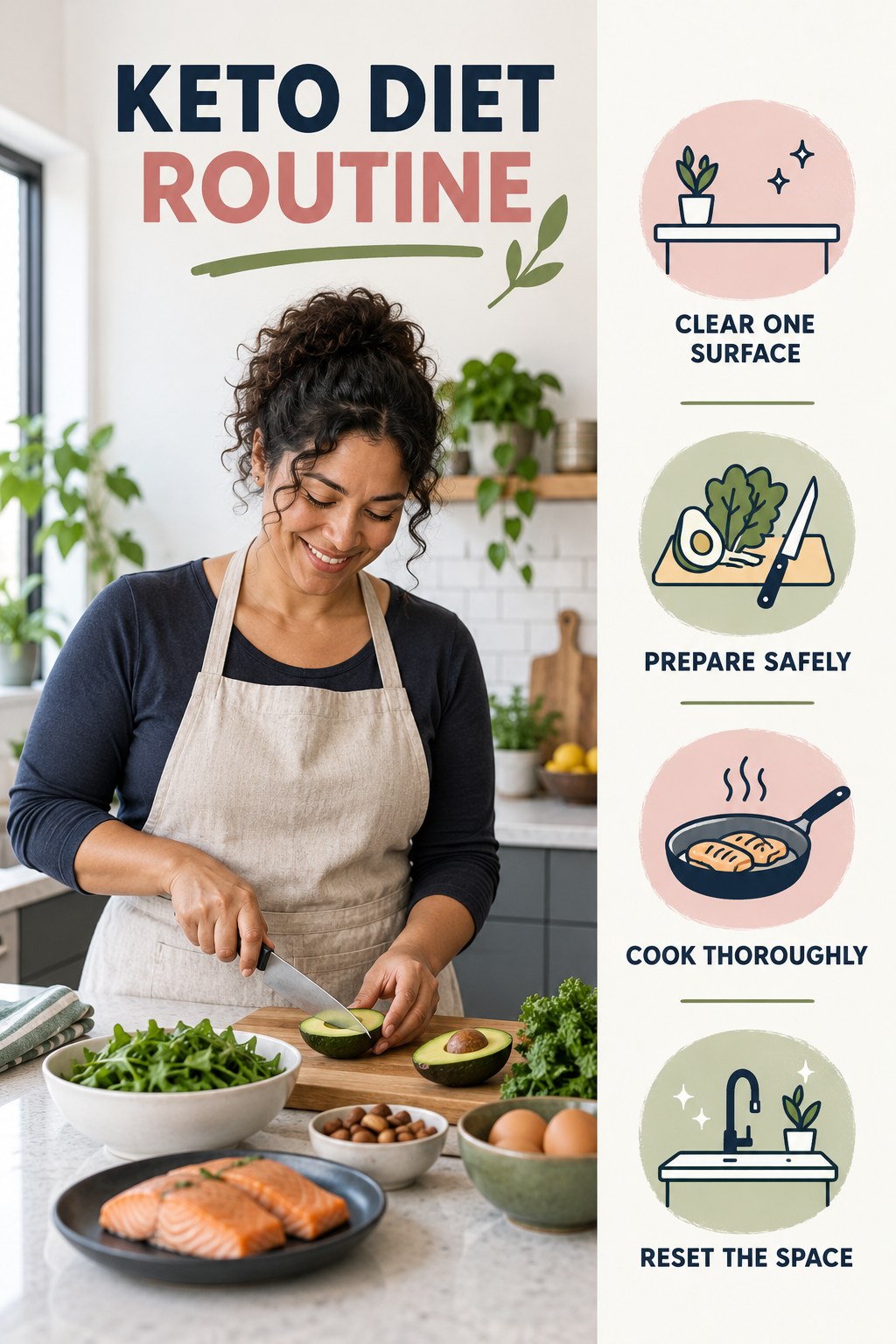 Minimal Kitchen Routine for Keto Diet with four concise practical actions in a clean minimal health design.