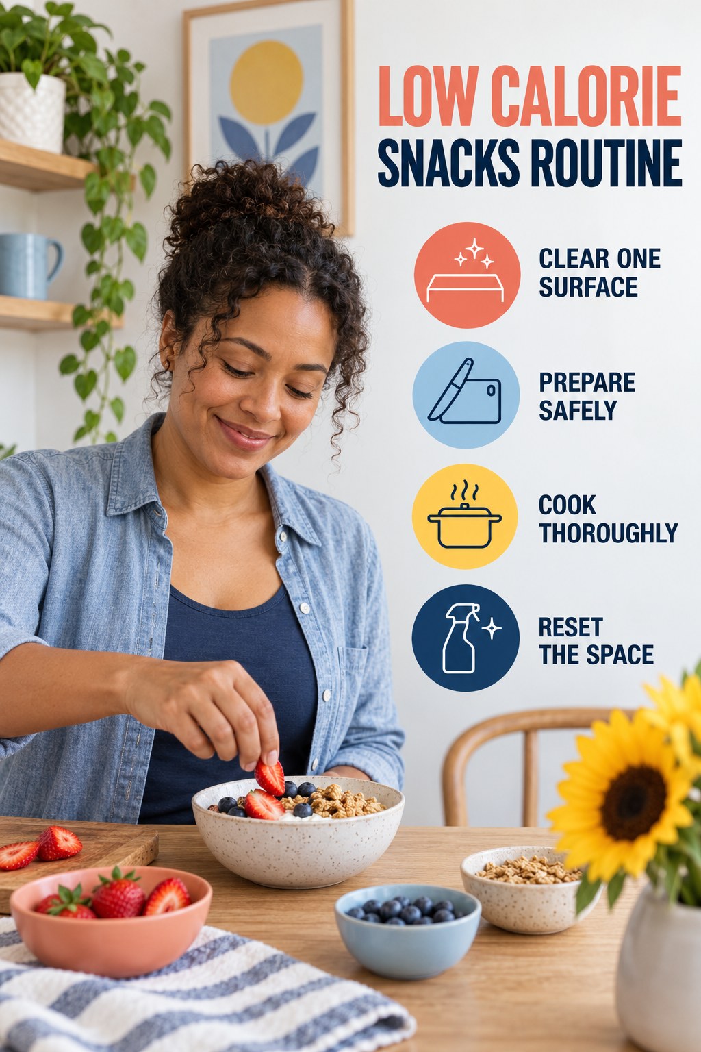 Minimal Kitchen Routine for Low Calorie Snacks with four concise practical actions in a clean minimal health design.