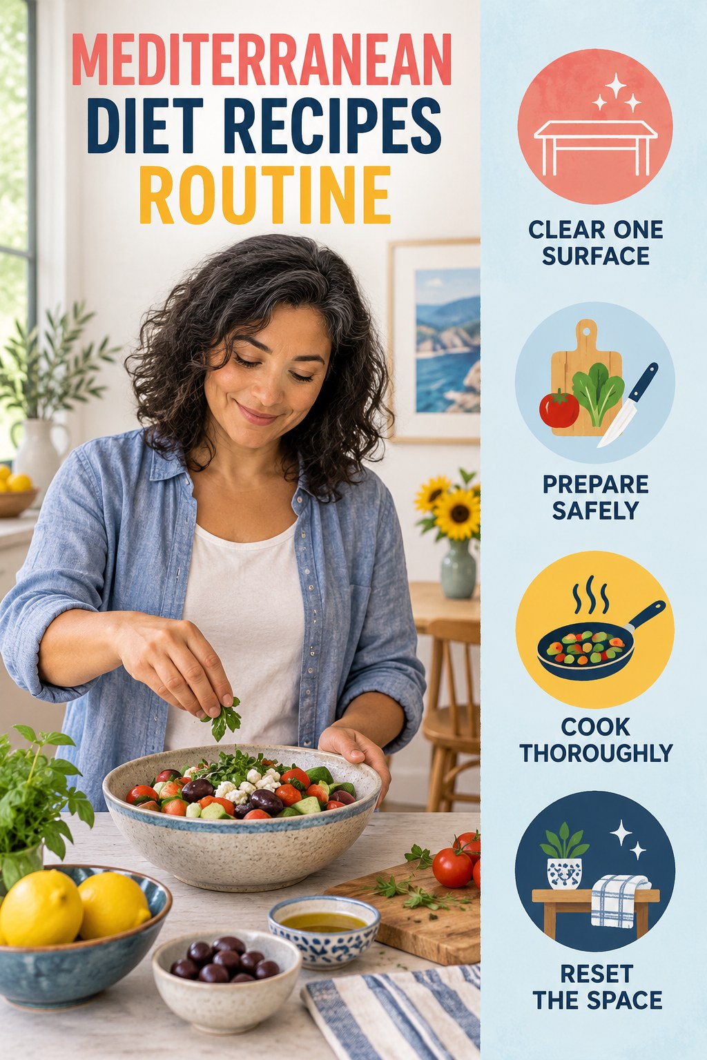 Minimal Kitchen Routine for Mediterranean Diet Recipes with four concise practical actions in a clean minimal health design.