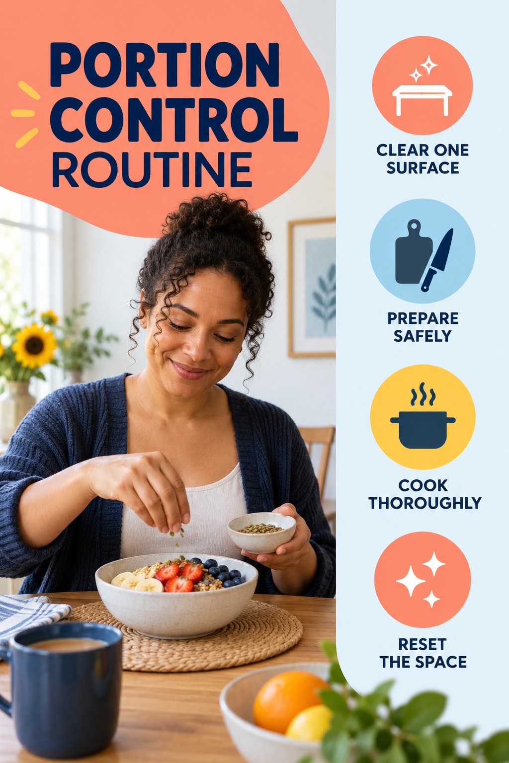 Minimal Kitchen Routine for Portion Control with four concise practical actions in a clean minimal health design.